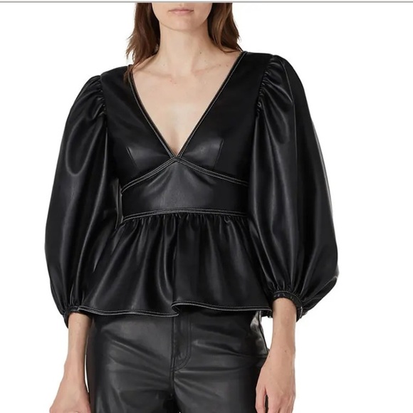 STAUD Black Faux Leather Luna Top - Picture 1 of 15